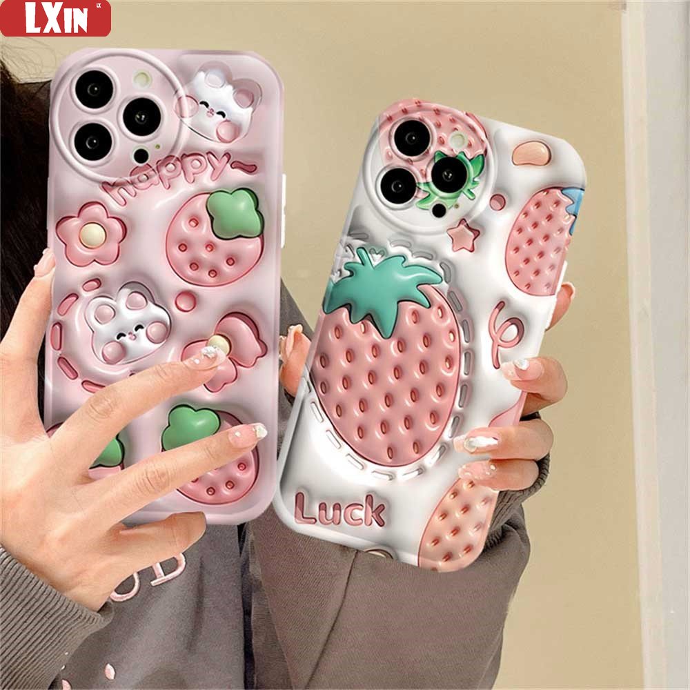 Case Samsung A14 A04 A04S A13 A03 A03S A12 A52 A52S A21S A50 A50S A30S A20 A10S A10 A11 M11 J7Prime J7Pro J6Prime J6Plus Cute Cream Strawberry Rabbit Air cushion Phone Cover