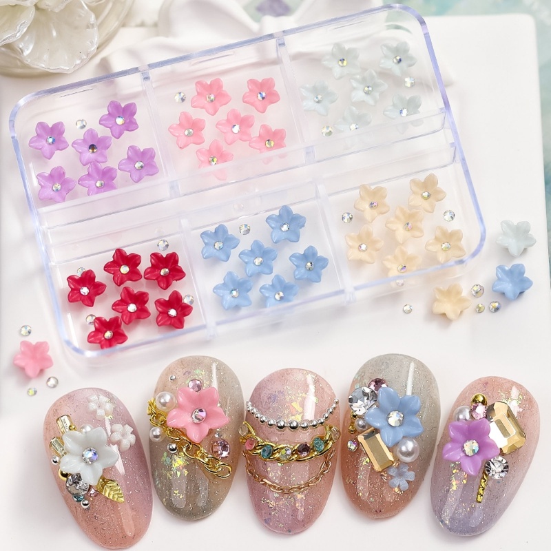 Siy 1kotak Berlian Kuku Bening Glitter Desain Nail Rhinestones Resin Batu Kuku Permata Nail Art Aksesoris Bunga Kuku C