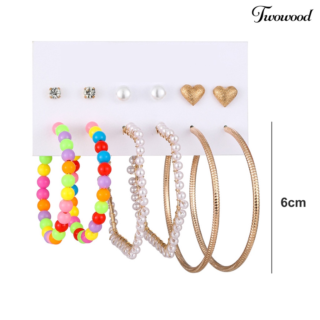 Twowood 6pasang Wanita Anting Multicolor Manik-Manik Mini Berlian Imitasi Bertatahkan Paduan Perhiasan Temperamen Telinga Dekorasi Geometris Hoop Earrings Studs Set Aksesoris Pakaian Pesta