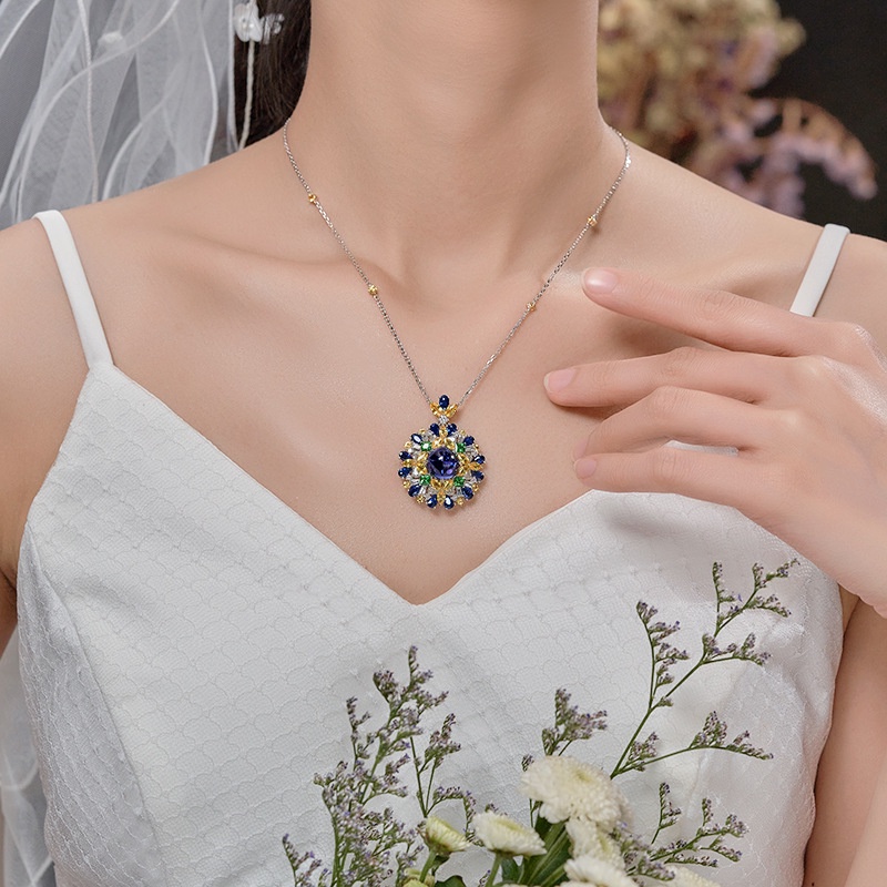 Goldkingdom Fashion Perhiasan Aksesoris Ready Stock Liontin Batu Permata Taman Imitasi Alami Tanzanite Kalung Kontras Campuran Temperamen Kalung Wanita