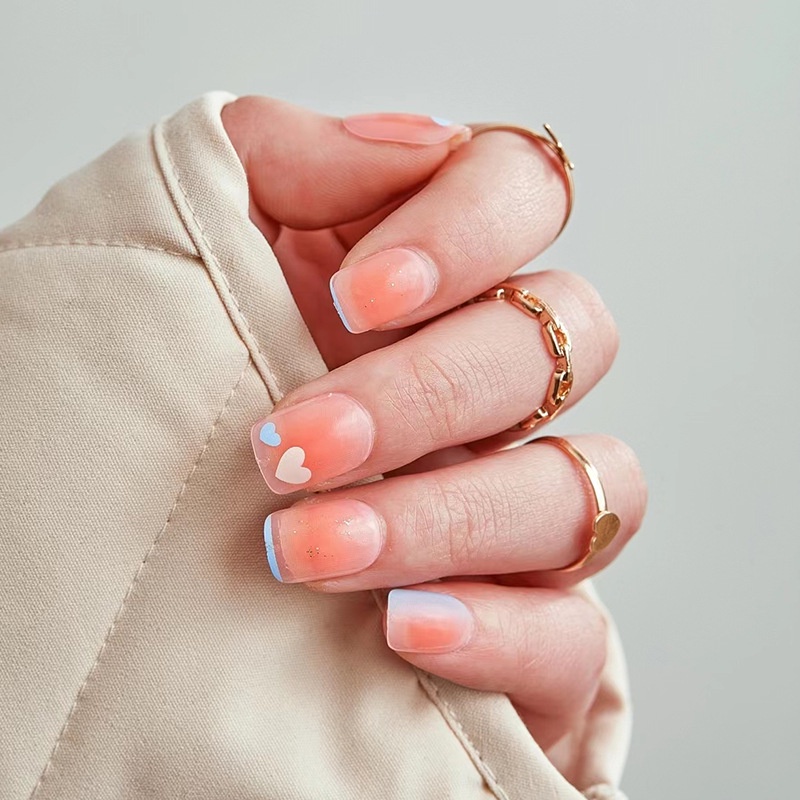 Paku Palsu Motif Love Biru Putih Pink Blush Kuku Palsu Persegi Isi 24pcs/box R739