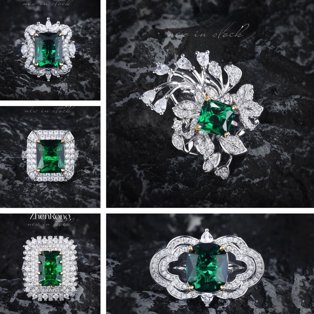 Goldkingdom Fashion Perhiasan Aksesoris Ready Stock Haute Couture Design Zamrud Cincin Putri Persegi Berlian Two-tone Emas Asli Kadar 375 Set Berlian Hijau Terbuka Cincin