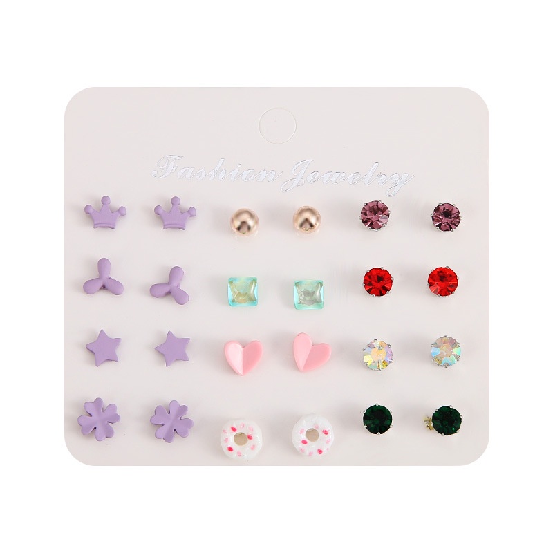 12pasang/set Sederhana Fashion Hati Bintang Bunga Anting Tusuk Donat Dolphin Mermaid Earrings Jewelry Untuk Wanita Anak