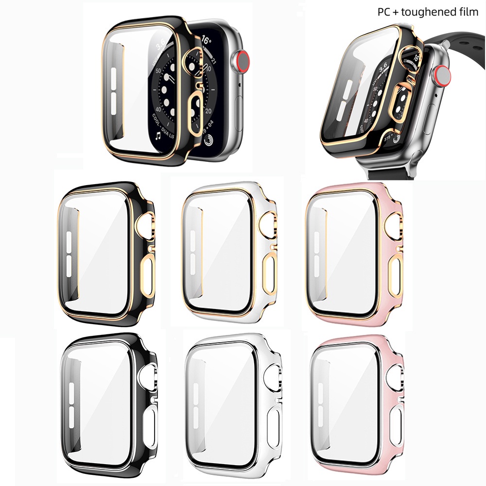 Instock Ultra Tipis Hard PC Tempered Glass Pelindung Layar Frame Shell Untuk Apple Watch Series 7se 6se 54 3 electroplating anti Gores Case Cover iwatch 38mm 40mm 42m SE SE