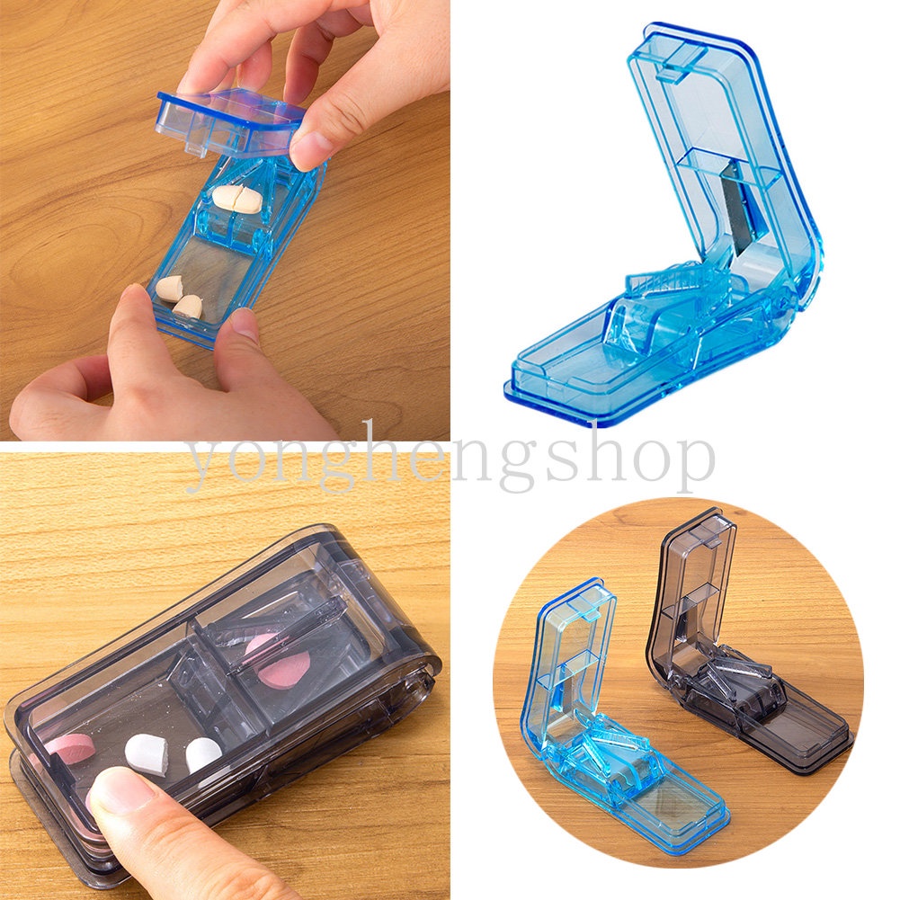 Outdoor Travel Portable Pill Cutter Medicine Slicer Box Transparan Pill Splitter Wadah Obat Tablet Divider Breaker Tempat Penyimpanan Pill Box Vitamin Penghancur