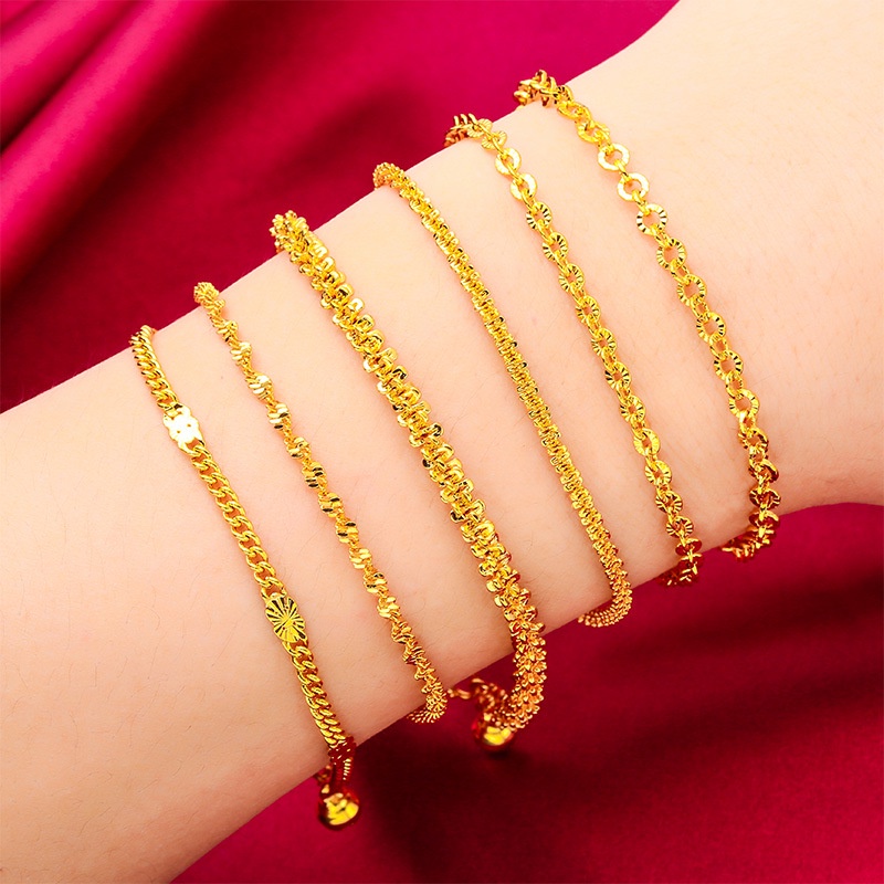 Goldkingdom Aksesoris Perhiasan Fashion Ready Stock Minimalis Lapis Emas 24k Gelang Wanita Cinta Manik-Manik Emas Bulat Merek Liontin Gelang Tipis