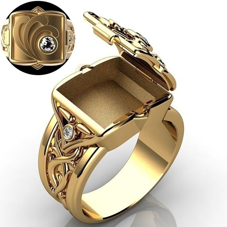 Goldkingdom Fashion Perhiasan Aksesoris Ready Stock Hip Hop Punk Berlapis Emas Asli Kadar 375 Cincin Pria Kotak Euro-American Clamshell Ring