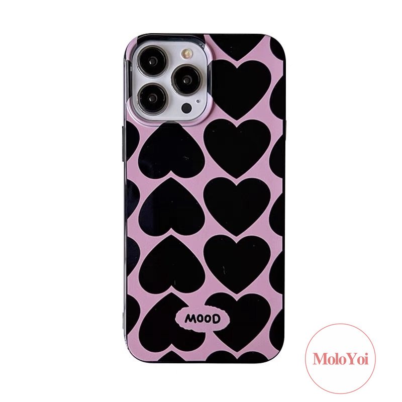 IPHONE Ins Cinta Hati Case Kompatibel Untuk Iphone7 8 Plus Xr14 13 11 12 Pro Max 7plus X XS Max SE 2020 Shockproof Glossy Halus Keren Hitam Soft Cover