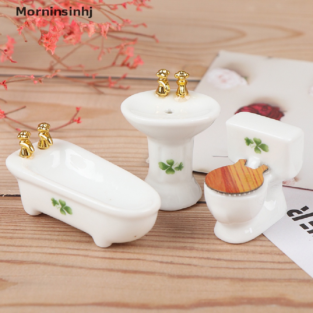 Mornin 3Pcs 1: 24rumah Boneka Miniatur Kamar Mandi Set Porselen Bathtub Toilet Wastafel Rumput id