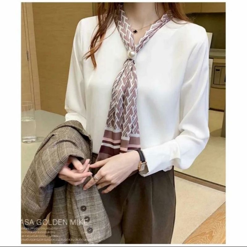 Blouse atasan wanita warna putih model pita kerah cantik Korea