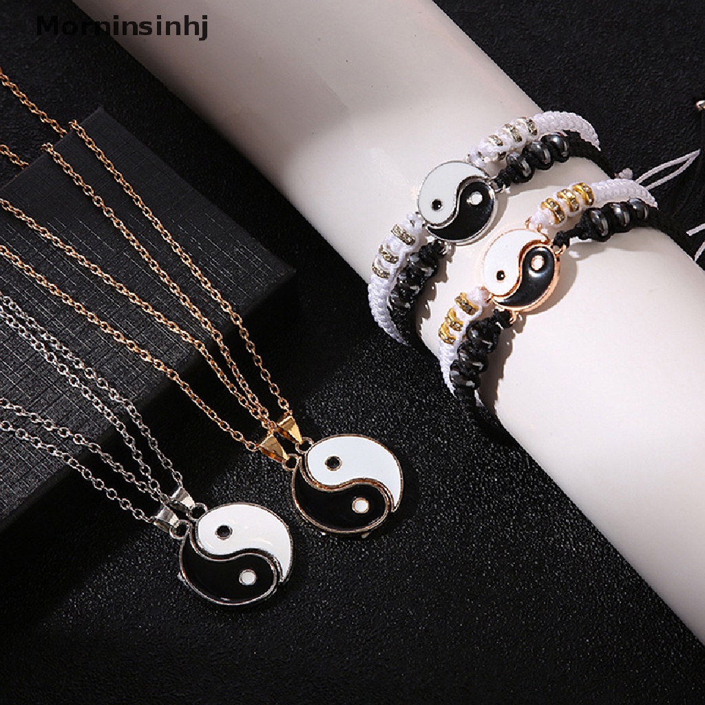 Mornin 2 Pcs Tai Chi Yin Yang Pasangan Gelang Kalung Set Liontin Adjustable Kepang Rantai Gelang Yang Sesuai Dengan Kekasih Gelang Choker id