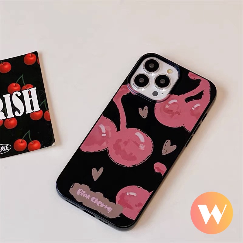 Kartun Pink Cherry Halus Casing Ponsel Kompatibel Untuk IPhone 7plus XR 11 13 14 12 Pro Max X XS Max7 8 Plus SE 2020 Lucu Cinta Hati Smiley Shockproof Glossy Keren Hitam Soft Cover