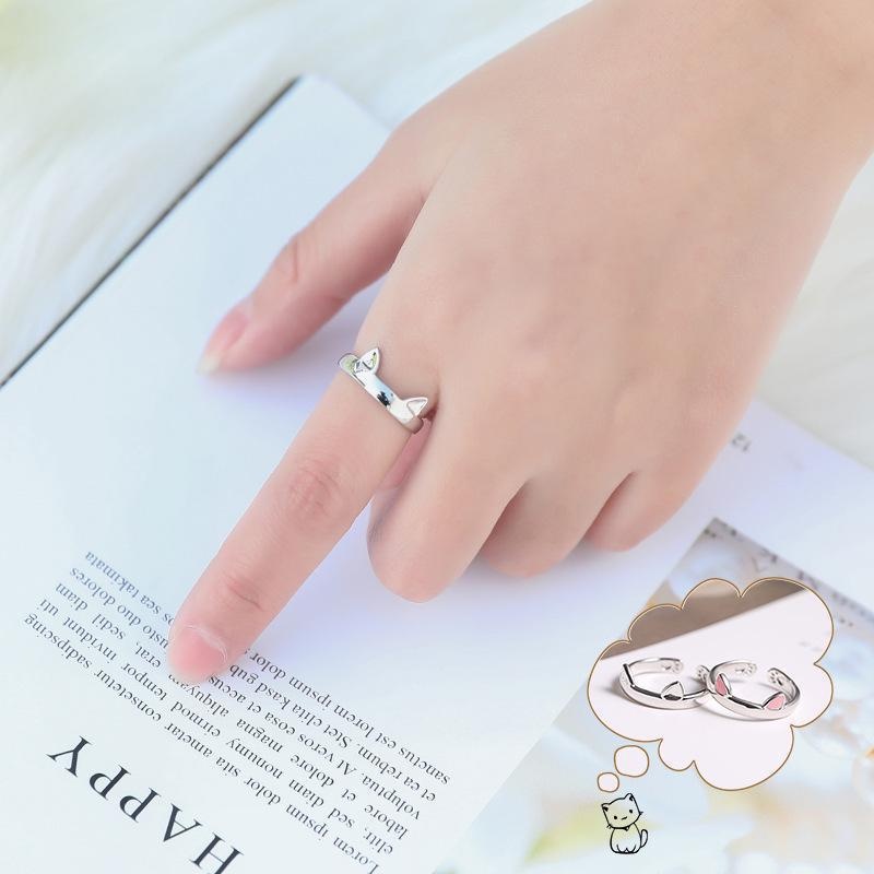 Cincin Terbuka Hewan Perak Lucu/Woman Fashion High Quality Cat Adjustable Ring Jewelry