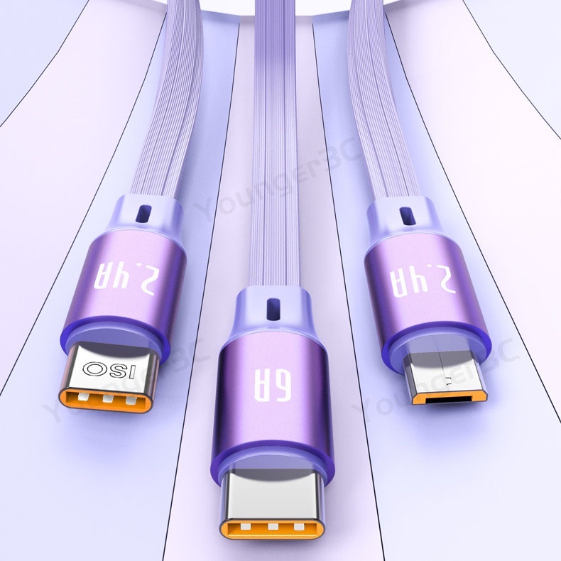 3in1 100W Kabel Pengisian Super Cepat 6A Shell Logam Expandable Charging Data Line 1.2M USB Data Wire Untuk iOS Tipe C Android