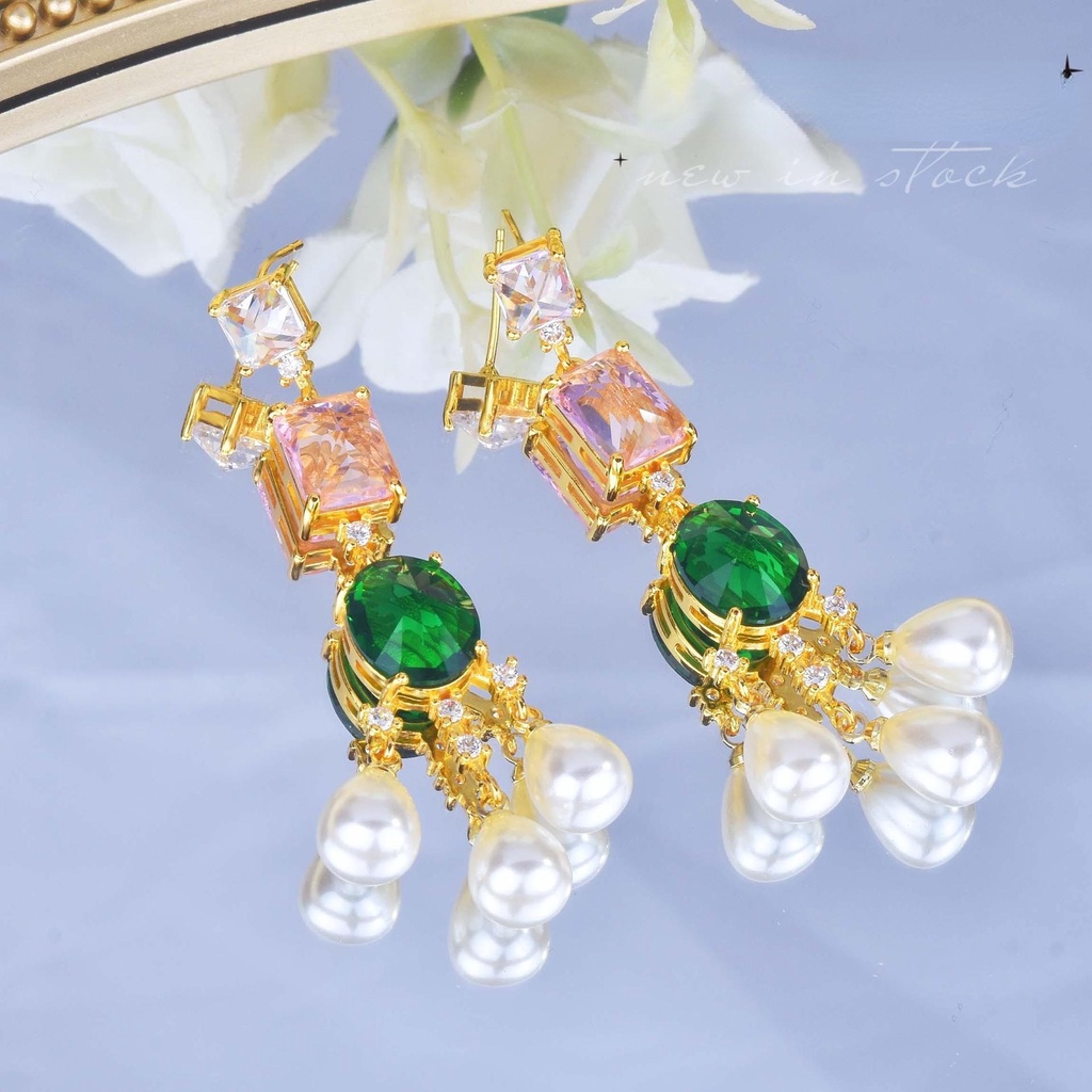 Goldkingdom Aksesoris Perhiasan Fashion Ready Stock French Vintage Streaming Warna-Warni Anting Mutiara Imitasi Berlian Hijau Harta Karun Warna-Warni Anting Panjang Perempuan