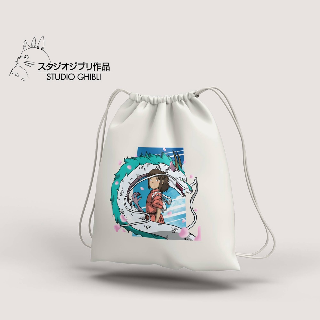 Stringbag anime studio ghibi series spirited away tas serut anime string bag canvas premium blacu