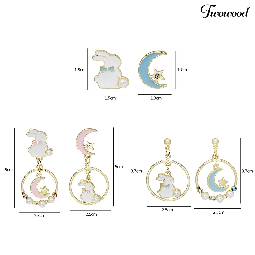 Twowood 1pasang Stud Earrings Dissymetry Berongga Cincin Berlian Imitasi Mutiara Imitasi Hadiah Kartun Kelinci Bulan Bintang Gadis Drop Earrings Fashion Perhiasan