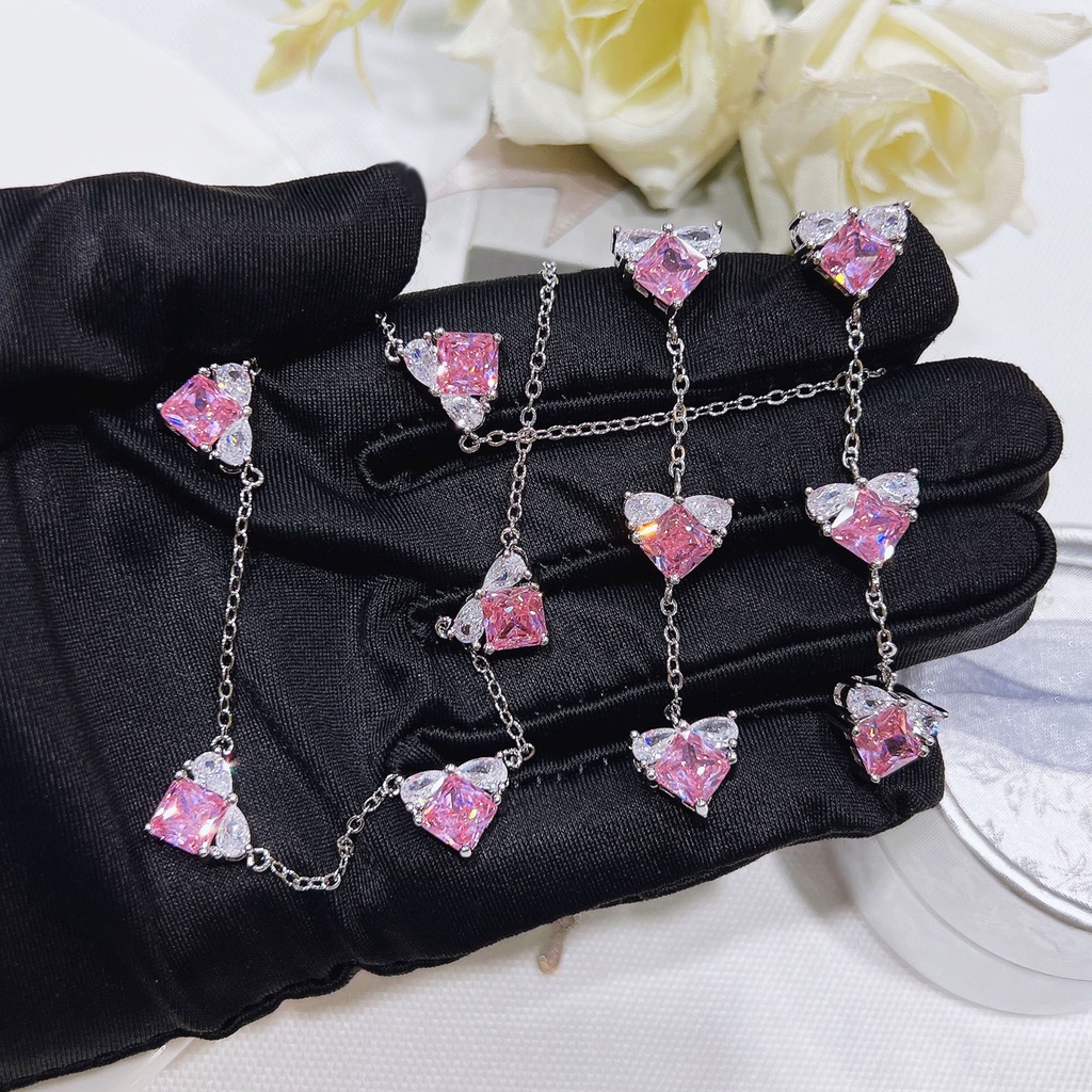 Goldkingdom Fashion Perhiasan Aksesoris Ready Stock Cahaya Mewah Putri Merah Muda Berlian Hati Kalung Wanita Kadar Tinggi Cinta Panjang Rumbai Telinga Stud Set