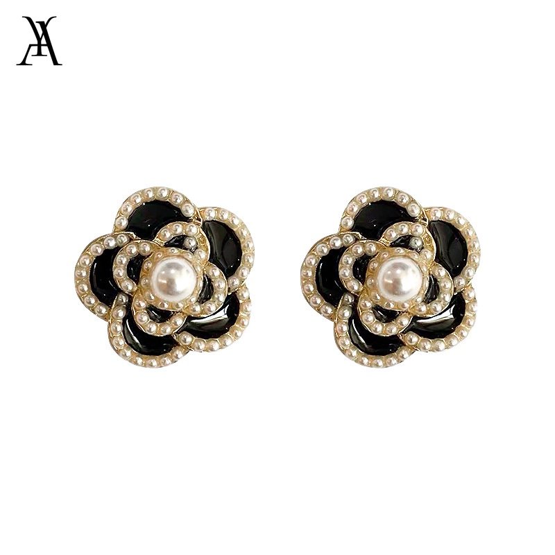 AY(CN) Anting Kamelia Hitam Untuk Wanita Fashion Mutiara Stud Earring Perhiasan Aksesoris