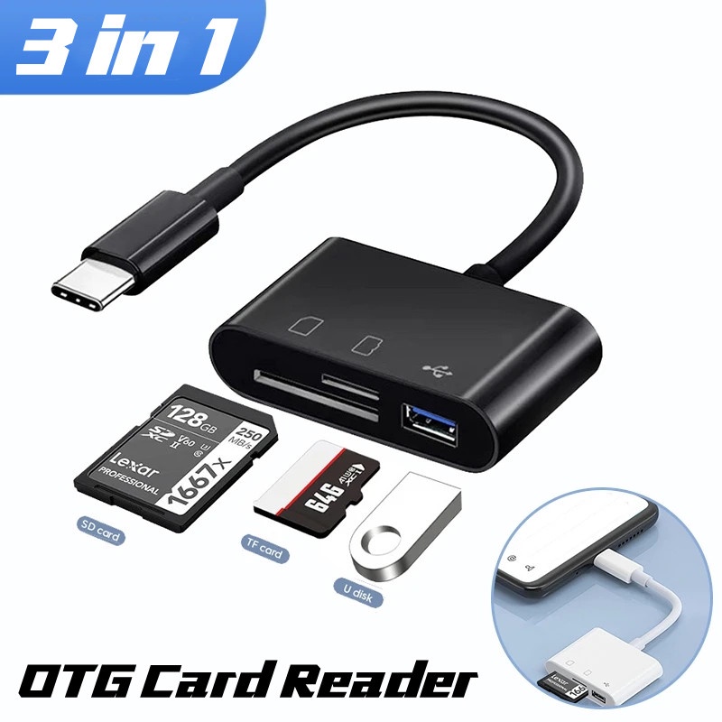 Otg Card Reader 3in1 Sambungan Tablet Handphone Tipe-C Ke USB SD TF Memory Cards Adaptor Serba Guna