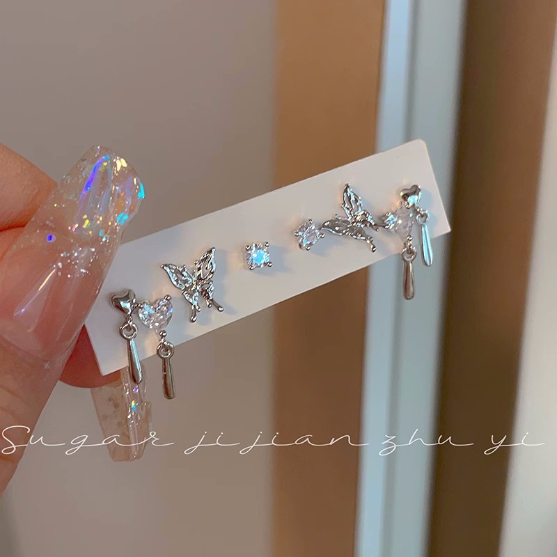 YEEZII 6pcs/set Perak Stud Anting Set Untuk Wanita Zirkon Jantung Cair Kupu-Kupu Earing Aksesoris Fashion Perhiasan