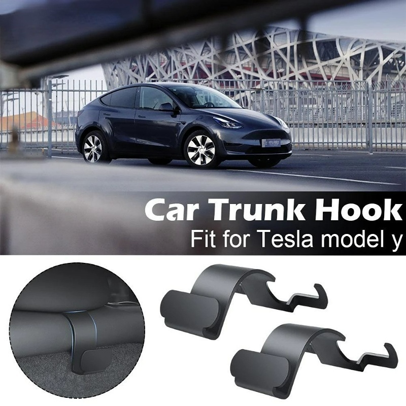 Paket 2Pcs Untuk Tesla Model Y Rear Trunk Hook ABS Hooks Tas Payung Gantungan Organizer Invisible Tempat Penyimpanan Tas Koper Payung Gantungan Hitam Tesla Modely Interior Aksesoris Mobil