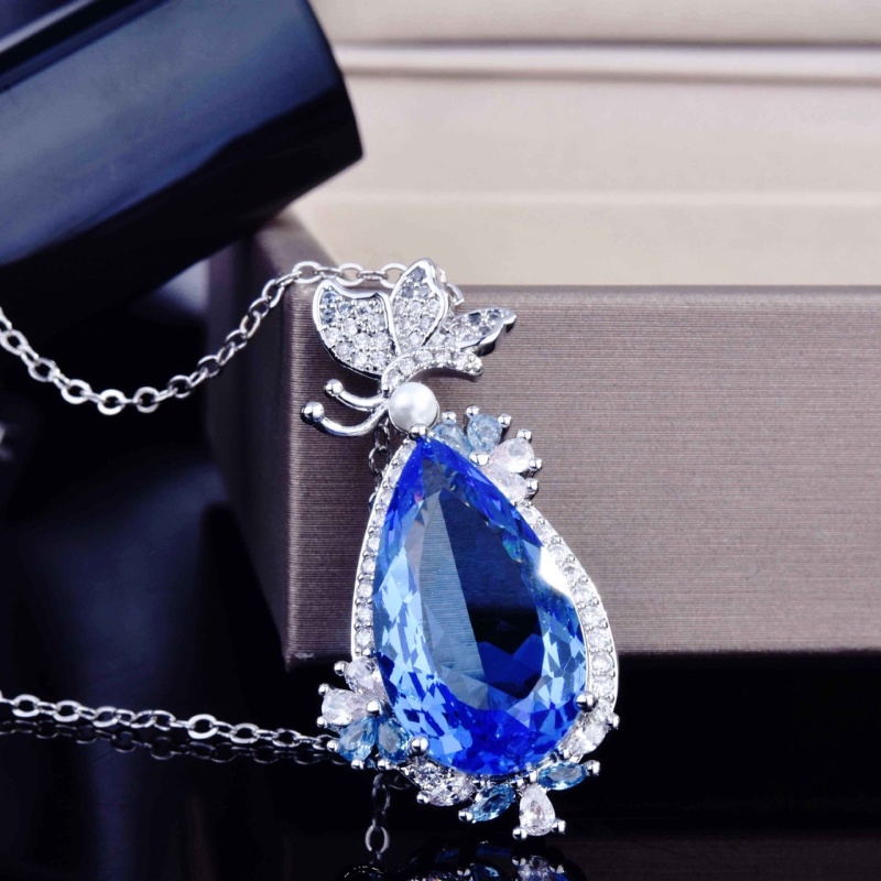 Goldkingdom Fashion Perhiasan Aksesoris Ready Stock Baru Air Langit Biru Topaz Kalung Wanita Ins Super Peri Kupu-Kupu Desain Warna Tinggi Liontin Harta Karun