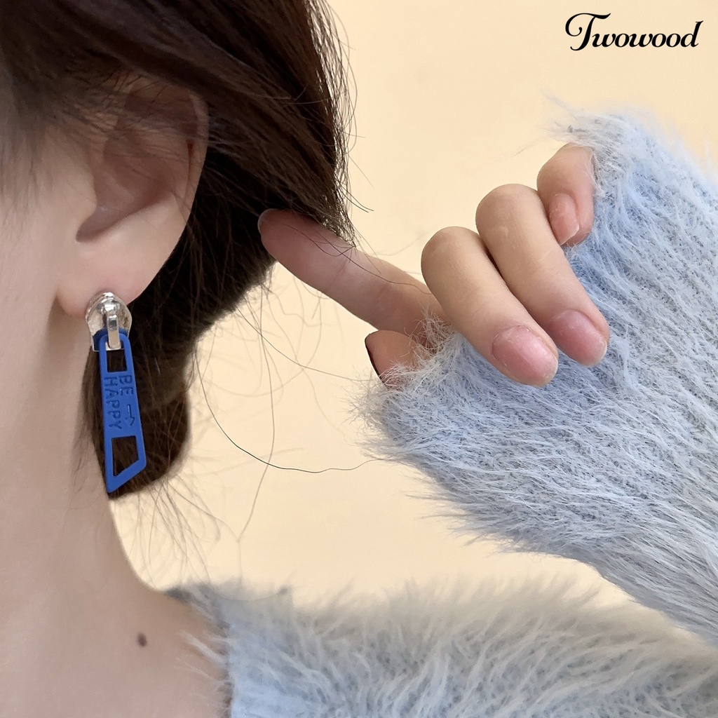 Twowood 1pasang Menjuntai Anting Lucu Vintage Warna Cerah Eye-catching Pengerjaan Halus Berdandan Hypoallergenic Kepribadian Ritsleting Stud Earrings Perhiasan Aksesoris