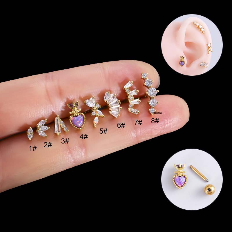 1biji Anting Tusuk Tulang Rawan Stainless Steel Helix Pinna Piercing 16Gauge Warna Emas Perak Mahkota Bentuk Hati