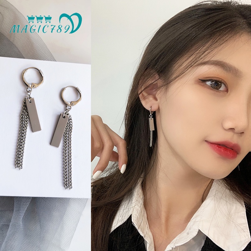 Magic789 Keren Perak Logam Tag Rumbai Rantai Hoop Anting Untuk Wanita Pria Kepribadian Geometris Liontin Menjuntai Anting-Anting Trendi Perhiasan Telinga