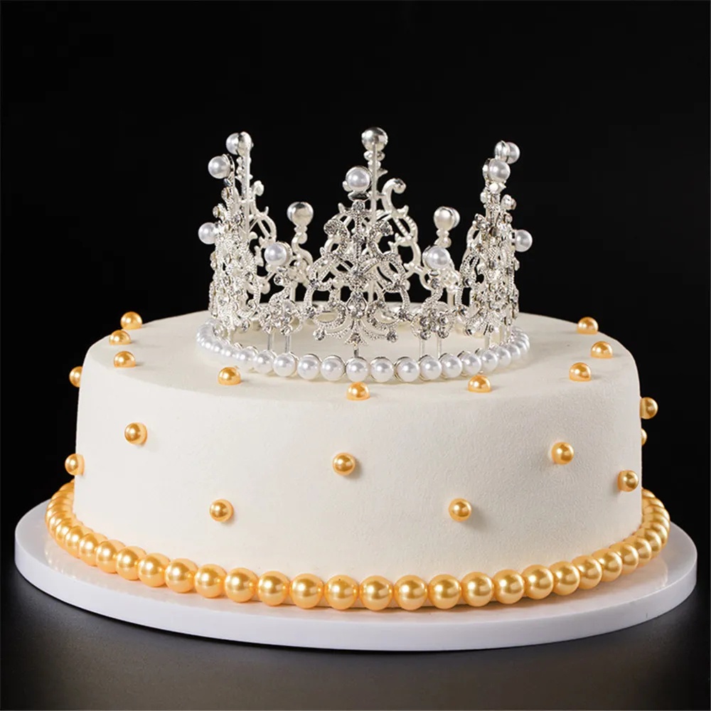 Mini Mutiara Mahkota Topper Hiasan Rambut Kue Dessert Aksesoris Ulang Tahun Anak Pernikahan Perlengkapan Pesta DIY Baking Kue Topper Dekorasi Elegan Mutiara Kristal Crown Cake Decoration