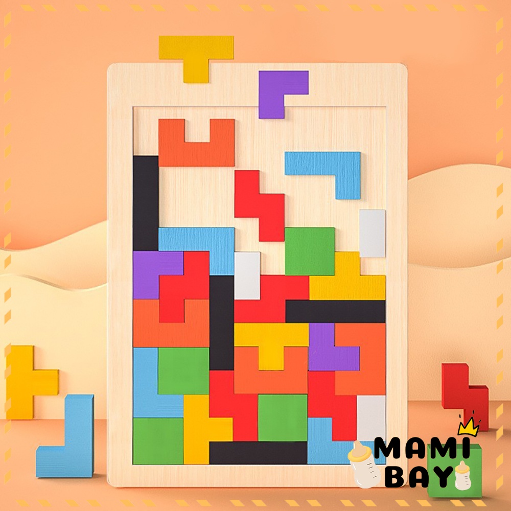 Mamibayi Puzzle Bentuk Geometri Tetris/Mainan Kayu Edukasi Anak