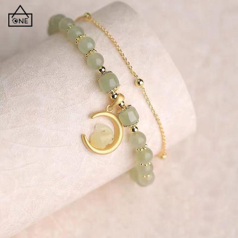 COD❤️Gelang Rantai Manik-Manik Giok Hetian Alami Desain Kelinci Bulan Untuk Wanita-A.one