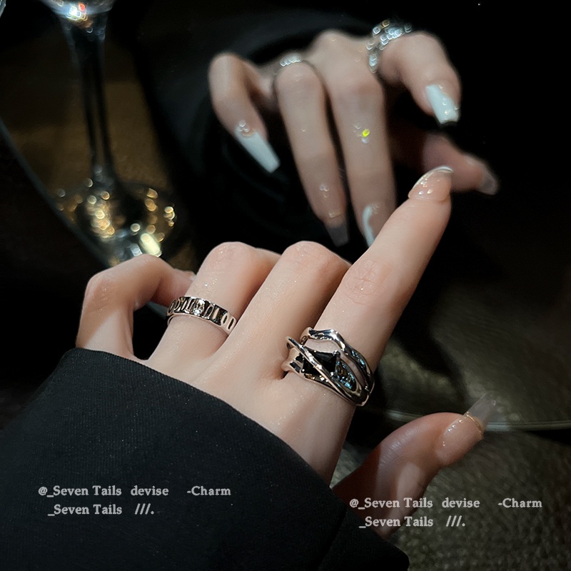 2pcs/set Cincin Permata Persegi Hitam Tidak Teratur Yang Dipersonalisasi Set Cincin Terbuka Perak Tiga Lapis Untuk Aksesoris Perhiasan Wanita