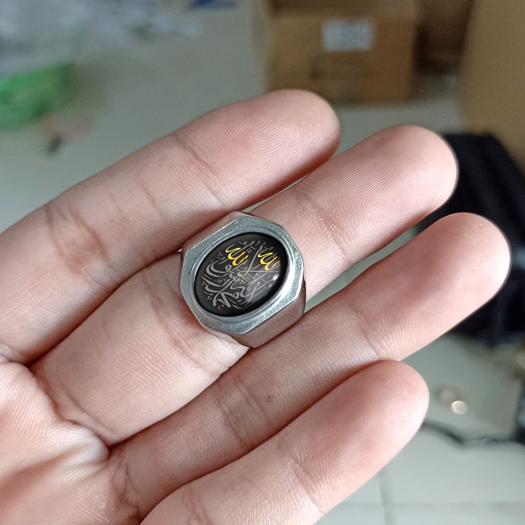 CINCIN TAUHID LAFADZ ALLAH ISLAM PRIA MODEL AKIK SEGI 8 KACA CEMBUNG BAHAN PREMIUM TITANIUM ANTI KARAT TIDAK LUNTUR