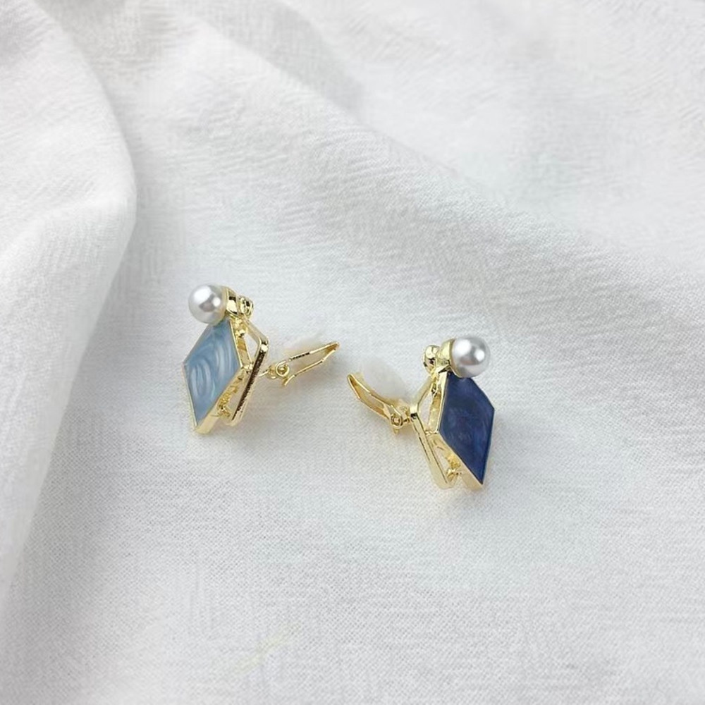 Enamel Biru Simulasi Mutiara Klip Telinga Non Tindik Wanita Anting Hadiah Pesta Earcuffs