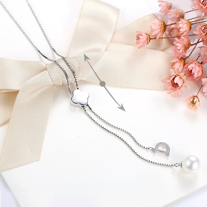 Goldkingdom Fashion Perhiasan Aksesoris Ready Stock Desain Perak Disepuh Kalung Perempuan Liontin Empat Daun Semanggi Mutiara Sweater Rantai Dan Musim Dingin