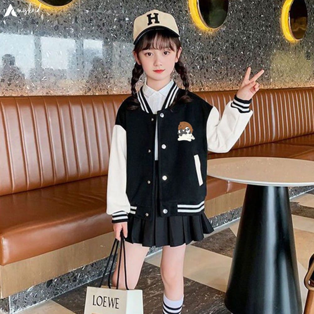 Bear Varsity Baseball Kids Unisex l Jaket Base Ball Matt Fleece Tebal Polos Premium Outerwear Casual Daily