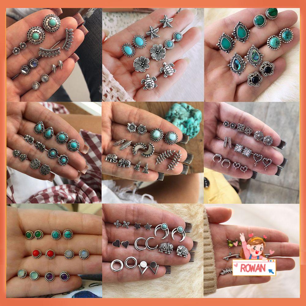 R-flower Stud Earrings Set Vintage Boho Pesta Perhiasan Hadiah Perak Antik Batu Pirus