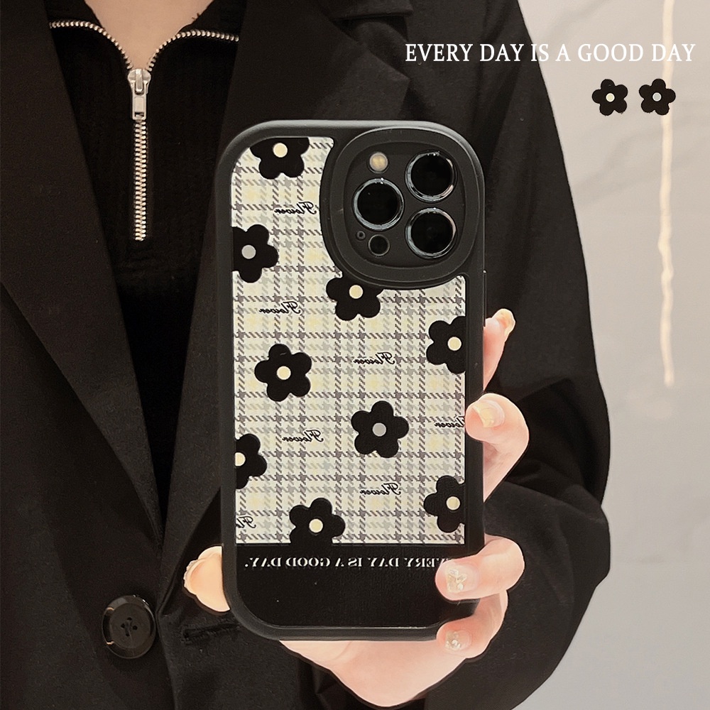 IPHONE Bunga Hitam Houndstooth Soft Phone Case Penutup Pelindung Lensa Kamera Untuk Iphone7 8 PLUS X XR XS 11 12 13 14 MINI PRO MAX SE 2020