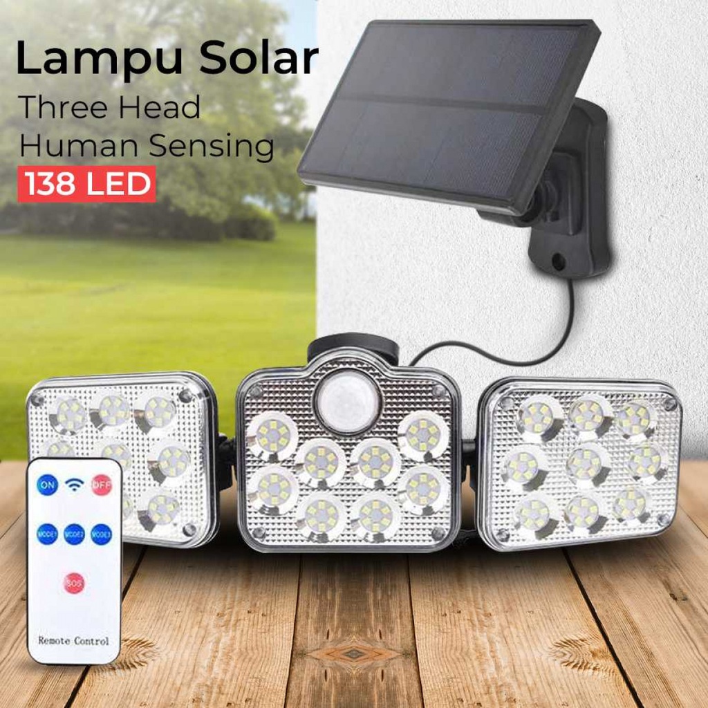 Lampu Solar 138 LED Dinding Outdoor Double Sensor Three Head Cool White