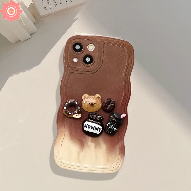 IPHONE Mainan Kartun 3D Lucu Beruang Kopi Donat Case Kompatibel Untuk Iphone11 7 8 Plus XR 13 12 14 Pro Max 6s 6x XS Max14 Plus SE 2020 Gradiasi Coklat Tepi Bergelombang Lembut TPU Cover