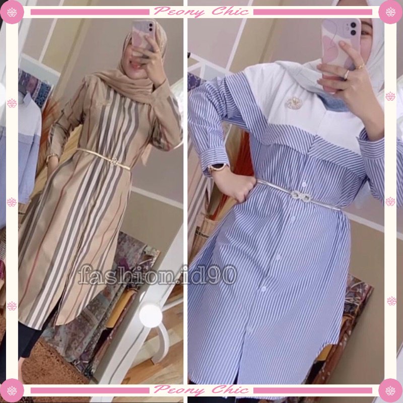 POTONGAN HARGA FASHION PREMIUM MURAH / FASHION.ID90 TUNIK KEMEJA KOMBINASI KEMEJA SALUR BIRU DAN BB 