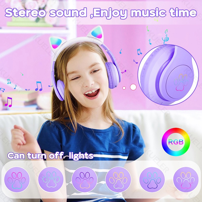 LED Color Light Cute Cat Ear Headphone with Mic STN-28 Pro Foldable Wireless Headphones Bluetooth Earphone HiFi Stereo Headset Bluetooth Headset Gaming No Delay Headphone Bluetooth