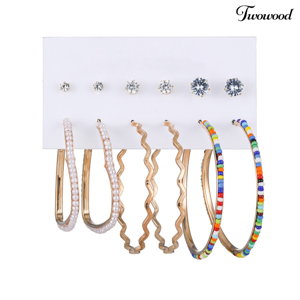 Twowood 6pasang Hoop Earrings Set Mini Beads Rhinestones Inlay Geometris Alloy Perhiasan Elegan Dress-Up Aksesoris Lingkaran Anting Telinga Studs Malam Pesta Memakai Perhiasan Hadiah