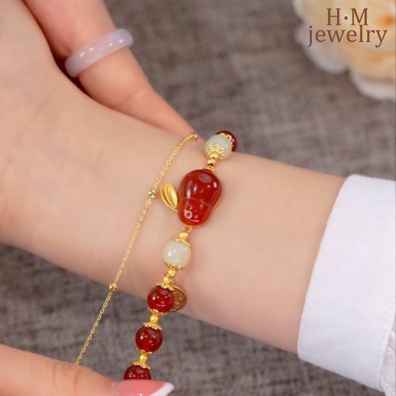 Giok Hare Hetian Jade Double-Layer Bracelet 2023gelang Batu Akik Merah Kelinci