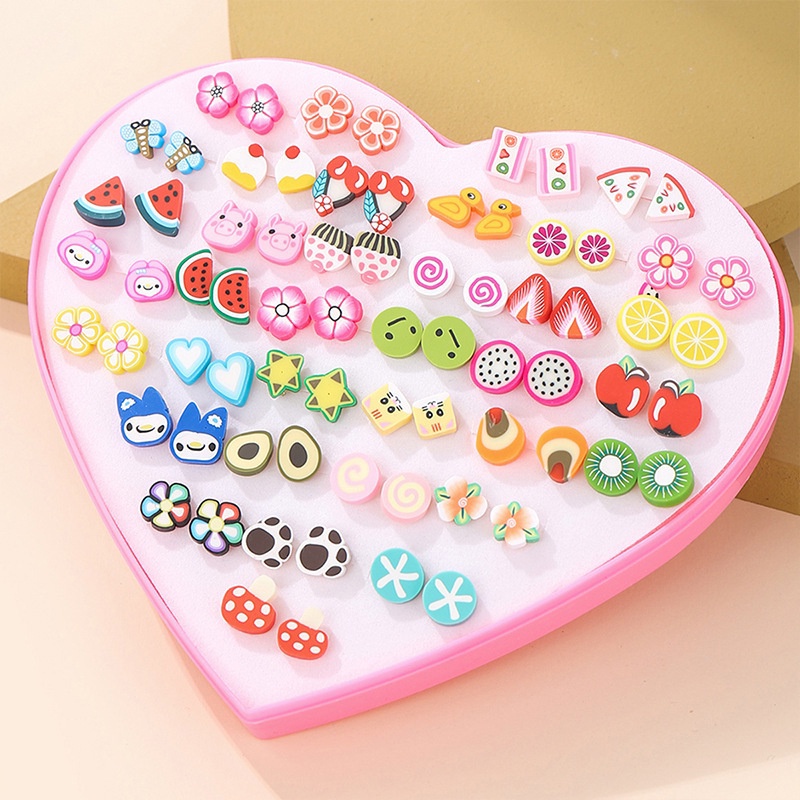 AY(CN) Korean Girls Fruits Earring Set Fashion Clay Kids Cartoon Stud Earrings Jewelry Accessories