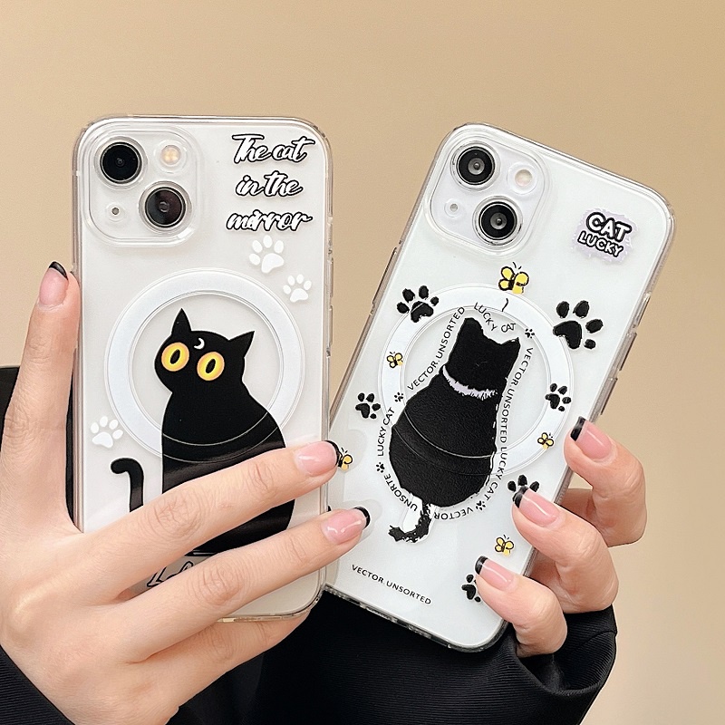 IPHONE Casing Magnetik Handphone Untuk Iphone14 13 12 11 Pro Max Kartun Kucing Hitam Lucu Soft case Transparan