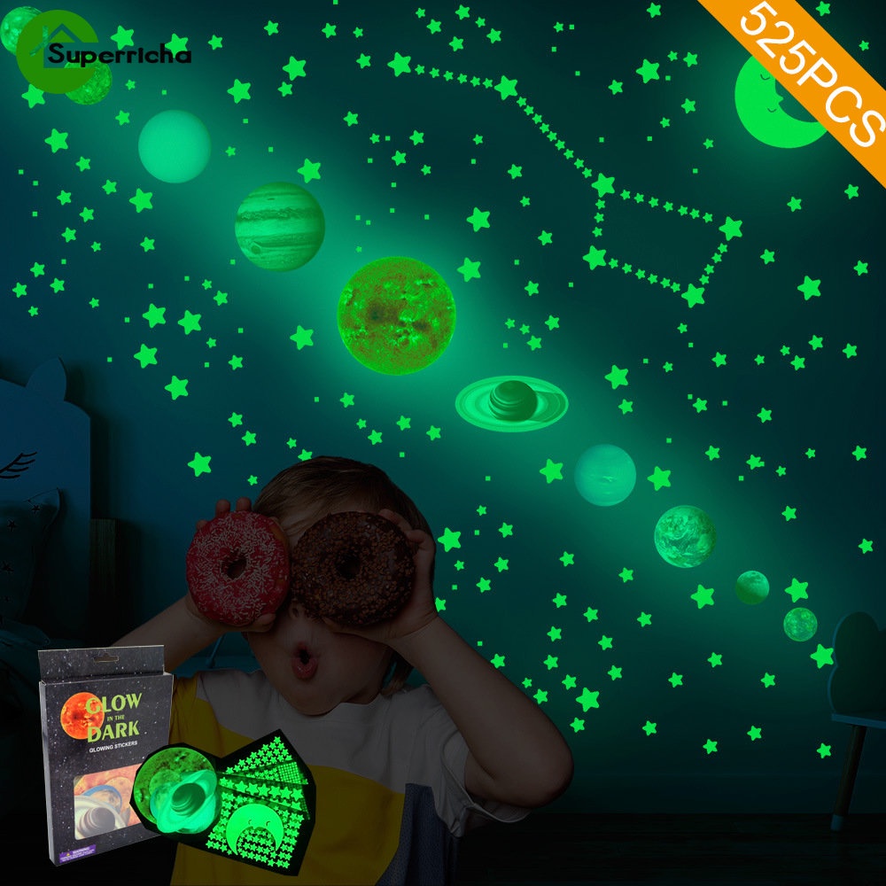 525pcs/pack Luminous Moon Stars Planets Fluorescent Wall Sticker/DIY Stiker Dinding Decal Digunakan Untuk Dekorasi Rumah/Self-adhesive Kamar Tidur Langit-Langit Kabinet Glow In The Dark Wallpaper