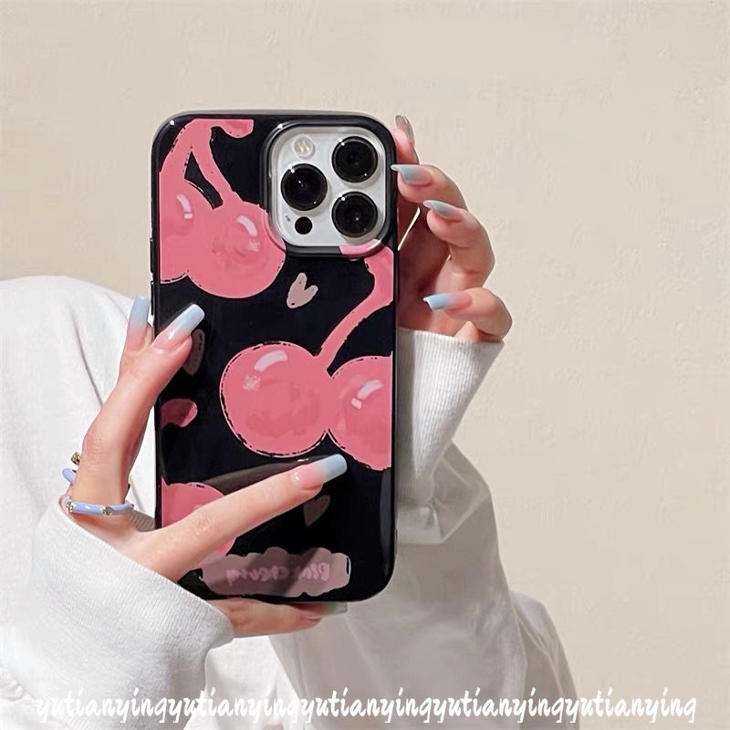 IPHONE Casing Ponsel Cantik Kartun Lucu Smiley Glossy Kompatibel Untuk Iphone11 Pro Max7 8 Plus XR 13 12 14 Pro Max X XS Max SE 2020 Pink Cherry Shockproof Halus Soft Cover